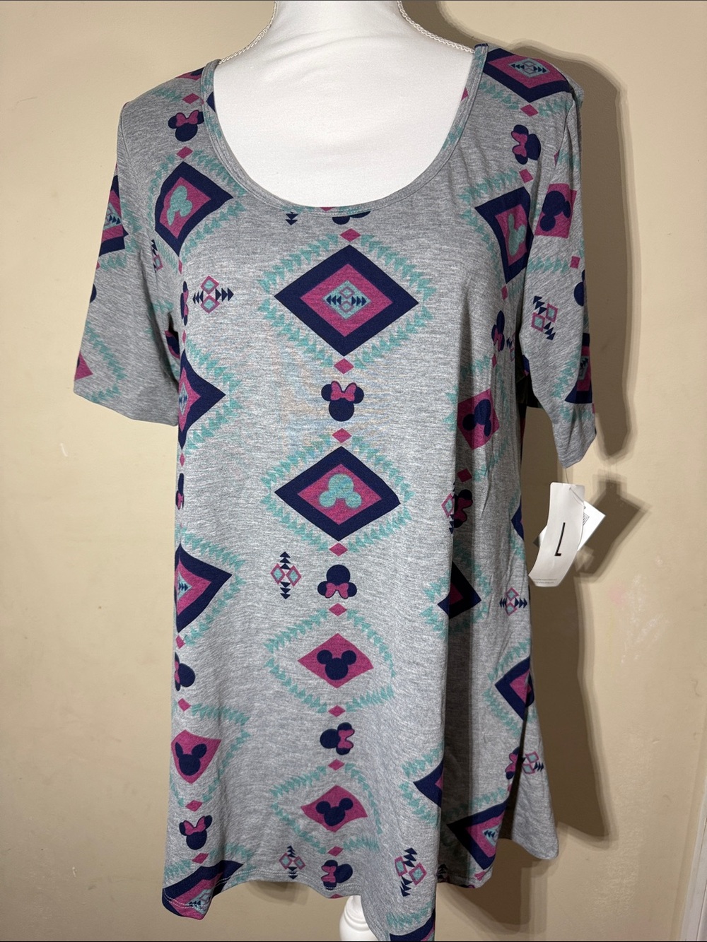 LuLaRoe Gray Scoop Neck Tunic with Pink & Teal Geometric Print Disney Collection